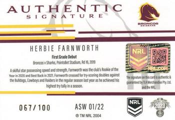 2023 NRL Traders Titanium - Authentic Signature White #ASW01 Herbie Farnworth Back